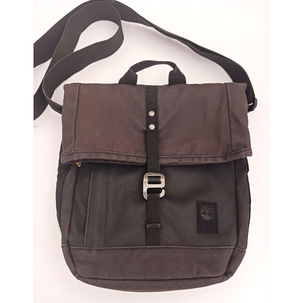 Timberland Canvas Crossbody Bag Dk Gray/Blk  Flap Front Buckle Padded Adj Strap